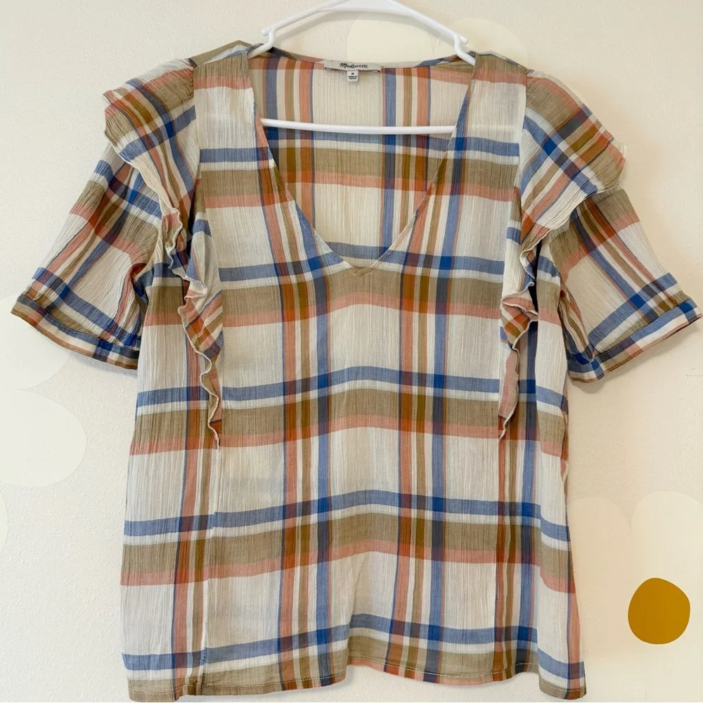 Madewell Women's Short Sleeve V-Neck Shoulder-Ruffle Top in Plaid